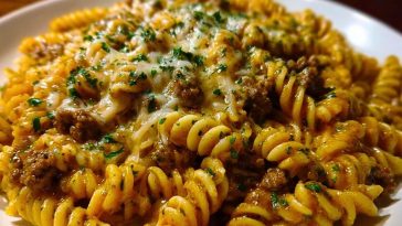 Cheesy Rotini Pasta with Garlic Butter Sauce and Ground Beef