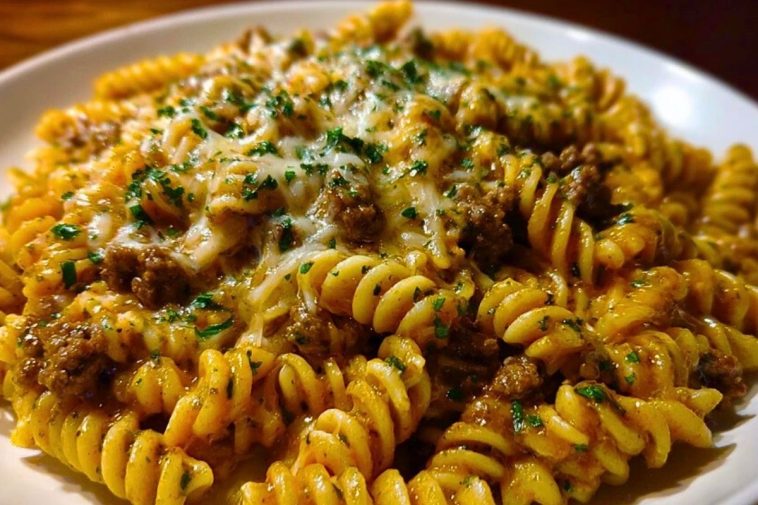 Cheesy Rotini Pasta with Garlic Butter Sauce and Ground Beef