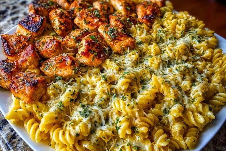 Cheesy Rotini with Garlic Parmesan Chicken Easy Pasta Dinner