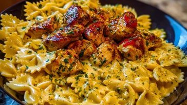 Chicken Creamy Velveeta Bowtie Pasta with Mozzarella Garlic Sauce