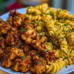 Chili Garlic Butter Chicken Bites with Creamy Cajun Corn Alfredo Twists