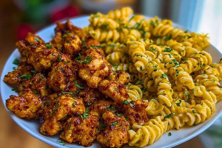 Chili Garlic Butter Chicken Bites with Creamy Cajun Corn Alfredo Twists