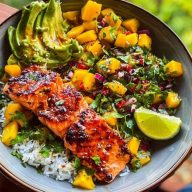 Chili Onion Crisp Salmon Bowl with Avocado Mango Salsa