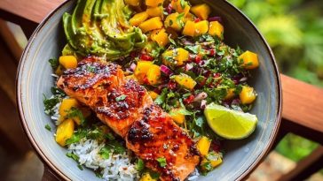 Chili Onion Crisp Salmon Bowl with Avocado Mango Salsa