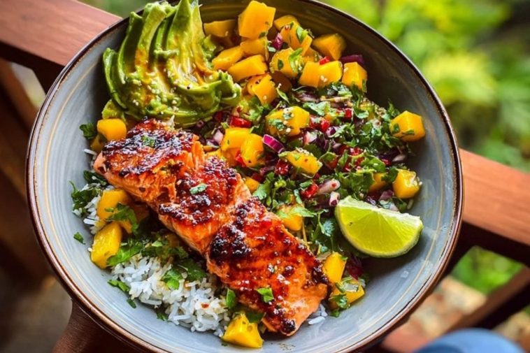 Chili Onion Crisp Salmon Bowl with Avocado Mango Salsa