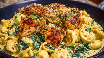 Creamy Chicken Tortellini with Spinach and Garlic Parmesan Cheese
