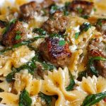 Creamy Garlic Butter Beef Bowtie Pasta with Italian Sausage & Spinach