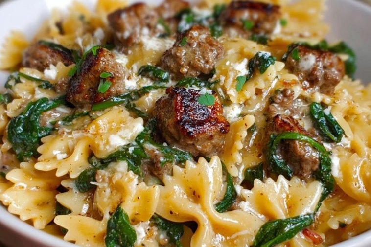 Creamy Garlic Butter Beef Bowtie Pasta with Italian Sausage & Spinach