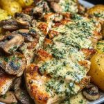 Creamy Garlic Mushroom Alfredo Chicken & Potatoes with Basil Pesto