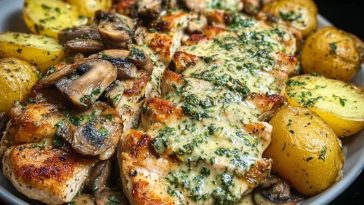 Creamy Garlic Mushroom Alfredo Chicken & Potatoes with Basil Pesto