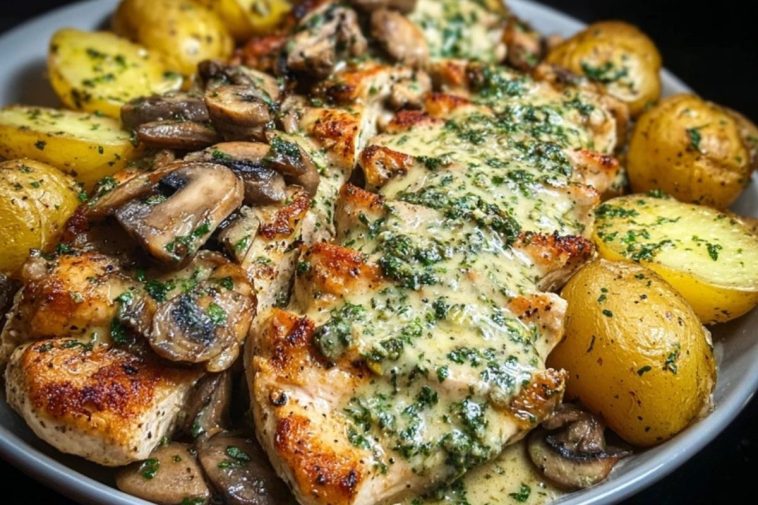 Creamy Garlic Mushroom Alfredo Chicken & Potatoes with Basil Pesto