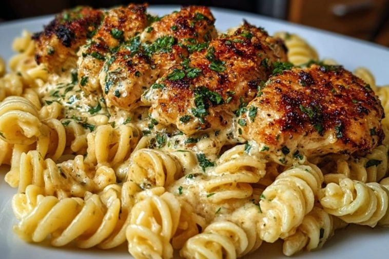 Creamy Garlic Parmesan Chicken with Cheesy Twisted Pasta