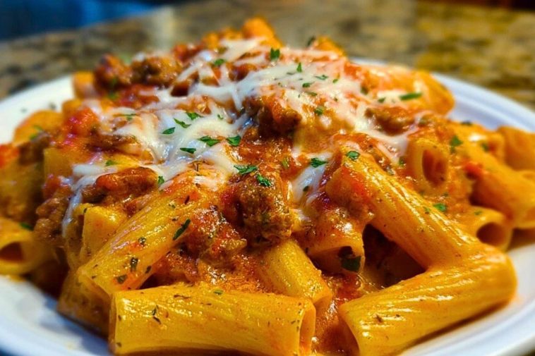 Creamy Velveeta Rigatoni with Italian Beef Marinara