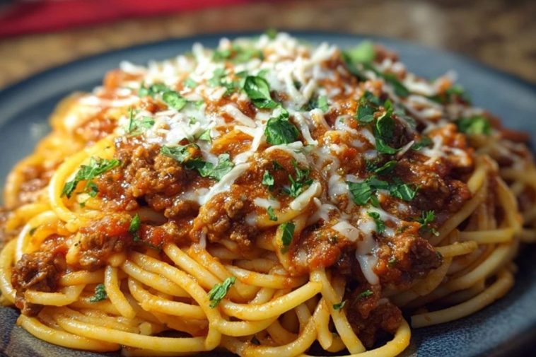 Creamy Velveeta Spaghetti with Italian Beef Marinara