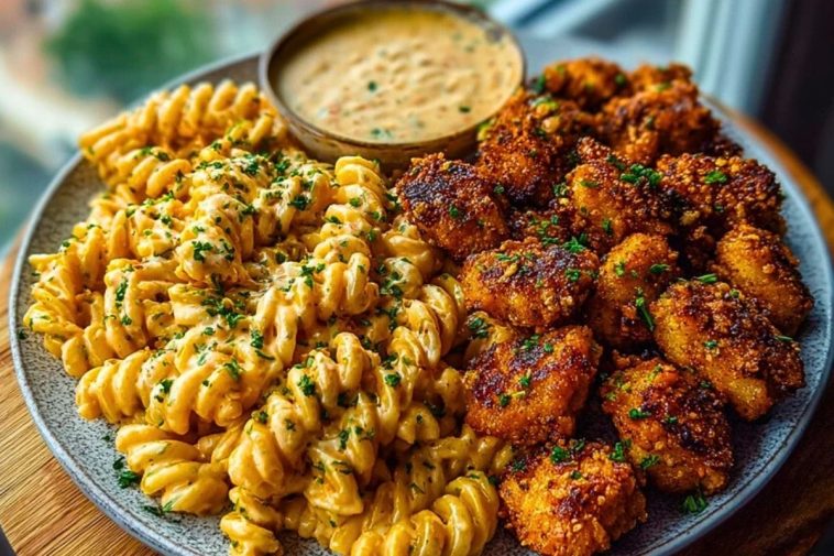 Crispy Chicken Bites & Blackened Cajun Alfredo with Roasted Corn Twists