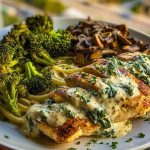 Delicious Spinach-Artichoke Greek Chicken Alfredo Recipe with Crispy Parmesan Broccoli and Mushroom Basil Cream