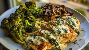 Delicious Spinach-Artichoke Greek Chicken Alfredo Recipe with Crispy Parmesan Broccoli and Mushroom Basil Cream