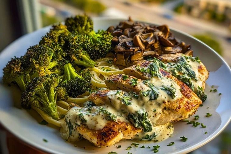 Delicious Spinach-Artichoke Greek Chicken Alfredo Recipe with Crispy Parmesan Broccoli and Mushroom Basil Cream