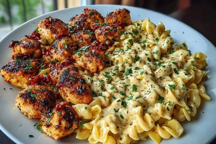 Delicious Tuscan Garlic Chicken Bites with Sun-Dried Tomato Cajun Alfredo Pasta