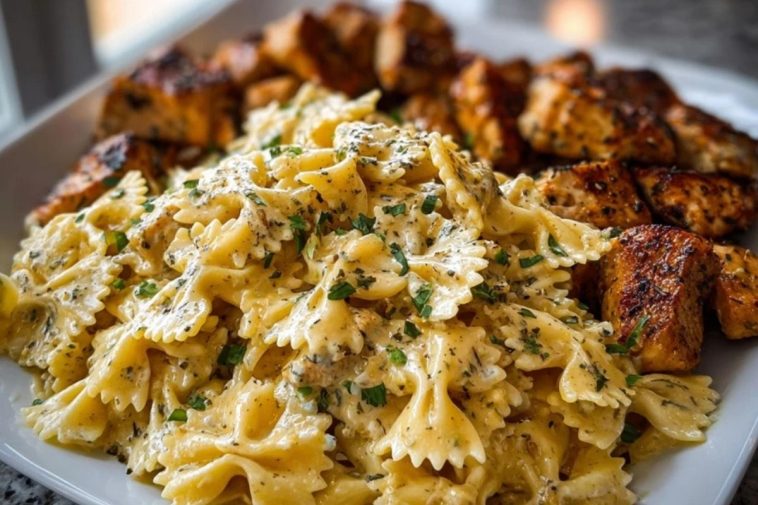 Easy Creamy Velveeta Chicken Bowtie Pasta with Garlic Mozzarella Sauce