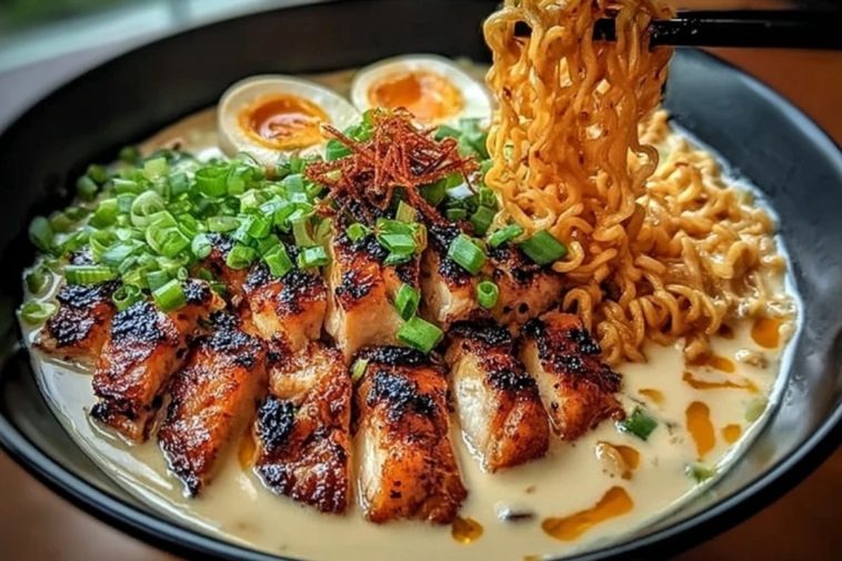 Fiery Chicken Ramen with Creamy Garlic Sauce