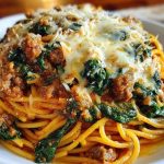 Garlic Butter Spaghetti with Cheesy Italian Sausage and Spinach