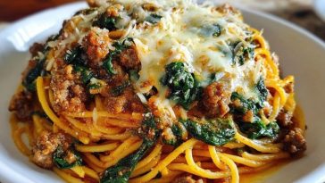 Garlic Butter Spaghetti with Cheesy Italian Sausage and Spinach