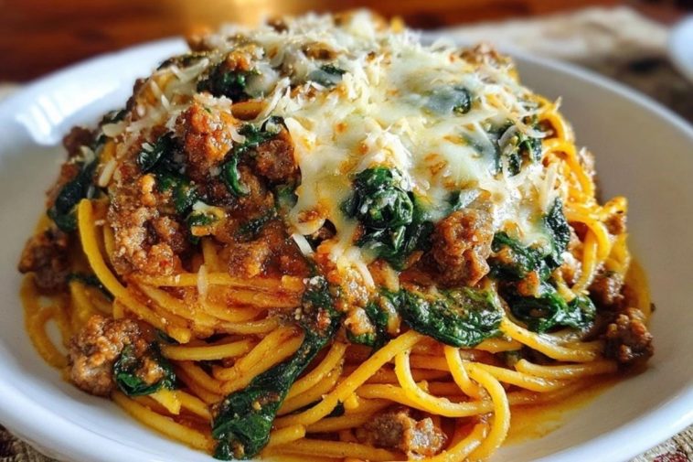Garlic Butter Spaghetti with Cheesy Italian Sausage and Spinach