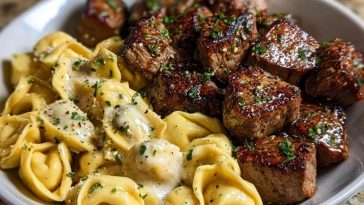 Garlic Butter Steak Bites with Creamy Parmesan Tortellini and Garlic Sauce