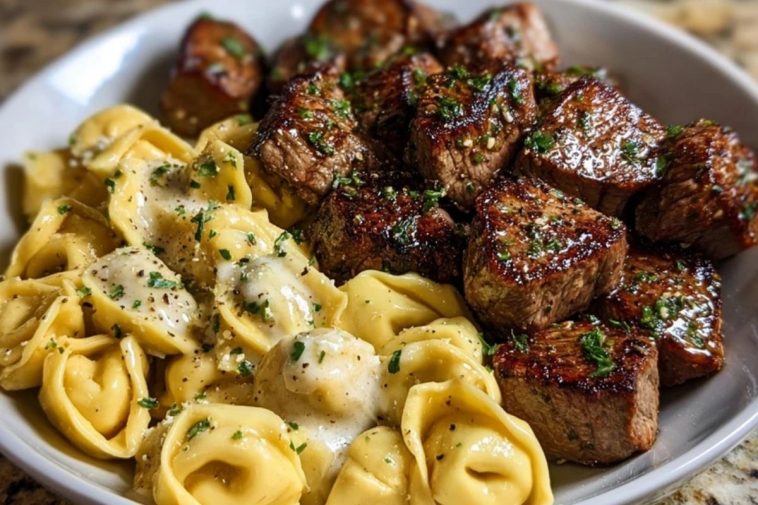 Garlic Butter Steak Bites with Creamy Parmesan Tortellini and Garlic Sauce
