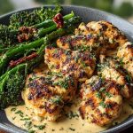 Garlic-Parmesan Chicken Bites Recipe with Sun-Dried Tomato Cajun Alfredo and Charred Broccolini