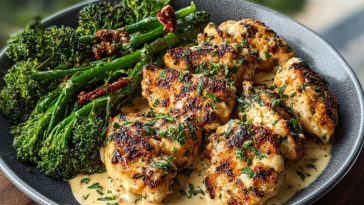 Garlic-Parmesan Chicken Bites Recipe with Sun-Dried Tomato Cajun Alfredo and Charred Broccolini