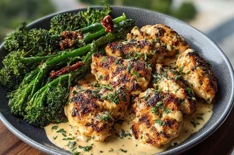 Garlic-Parmesan Chicken Bites Recipe with Sun-Dried Tomato Cajun Alfredo and Charred Broccolini