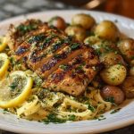 Greek Chicken Alfredo & Garlic Potatoes with Spicy Hot Honey Tahini Pesto