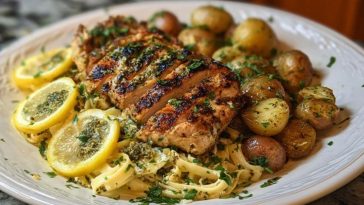 Greek Chicken Alfredo & Garlic Potatoes with Spicy Hot Honey Tahini Pesto