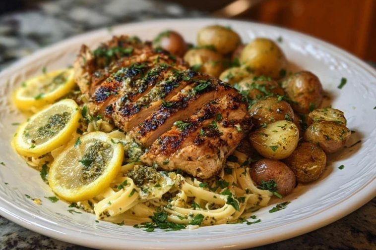 Greek Chicken Alfredo & Garlic Potatoes with Spicy Hot Honey Tahini Pesto