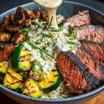Grilled Steak Bowl with Creamy Sauce & Grilled Zucchini