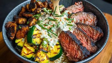 Grilled Steak Bowl with Creamy Sauce & Grilled Zucchini