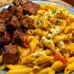 Penne with Creamy Velveeta Four-Cheese and Cajun Beef Bites