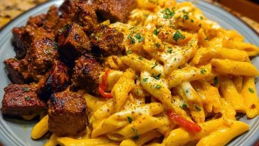 Penne with Creamy Velveeta Four-Cheese and Cajun Beef Bites
