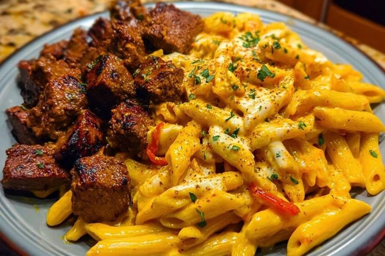 Penne with Creamy Velveeta Four-Cheese and Cajun Beef Bites