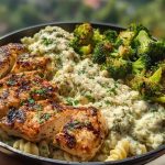 Pesto Chicken Alfredo with Spicy Feta Cream & Parmesan Broccoli Crunch