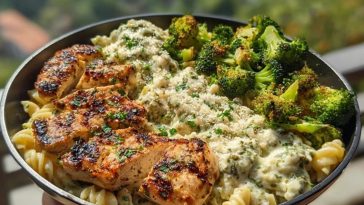 Pesto Chicken Alfredo with Spicy Feta Cream & Parmesan Broccoli Crunch