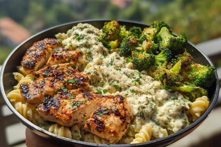Pesto Chicken Alfredo with Spicy Feta Cream & Parmesan Broccoli Crunch