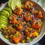 Salmon Bites with Creamy Mango-Avocado Salsa and Lime Zest Bowl