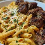 Savory Cajun Steak Tips with Cheesy Penne Parmesan Sauce