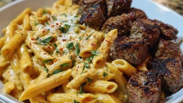 Savory Cajun Steak Tips with Cheesy Penne Parmesan Sauce