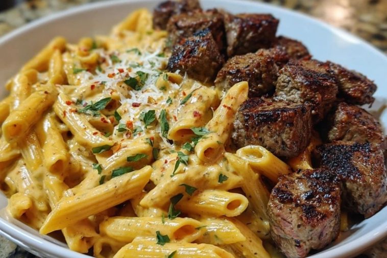 Savory Cajun Steak Tips with Cheesy Penne Parmesan Sauce