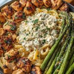Savory Greek Chili Chicken Alfredo Recipe with Smoked Feta Cream & Crispy Parmesan Asparagus