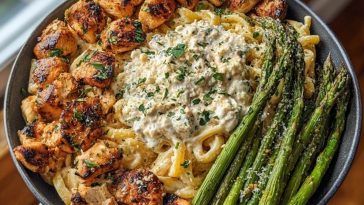 Savory Greek Chili Chicken Alfredo Recipe with Smoked Feta Cream & Crispy Parmesan Asparagus